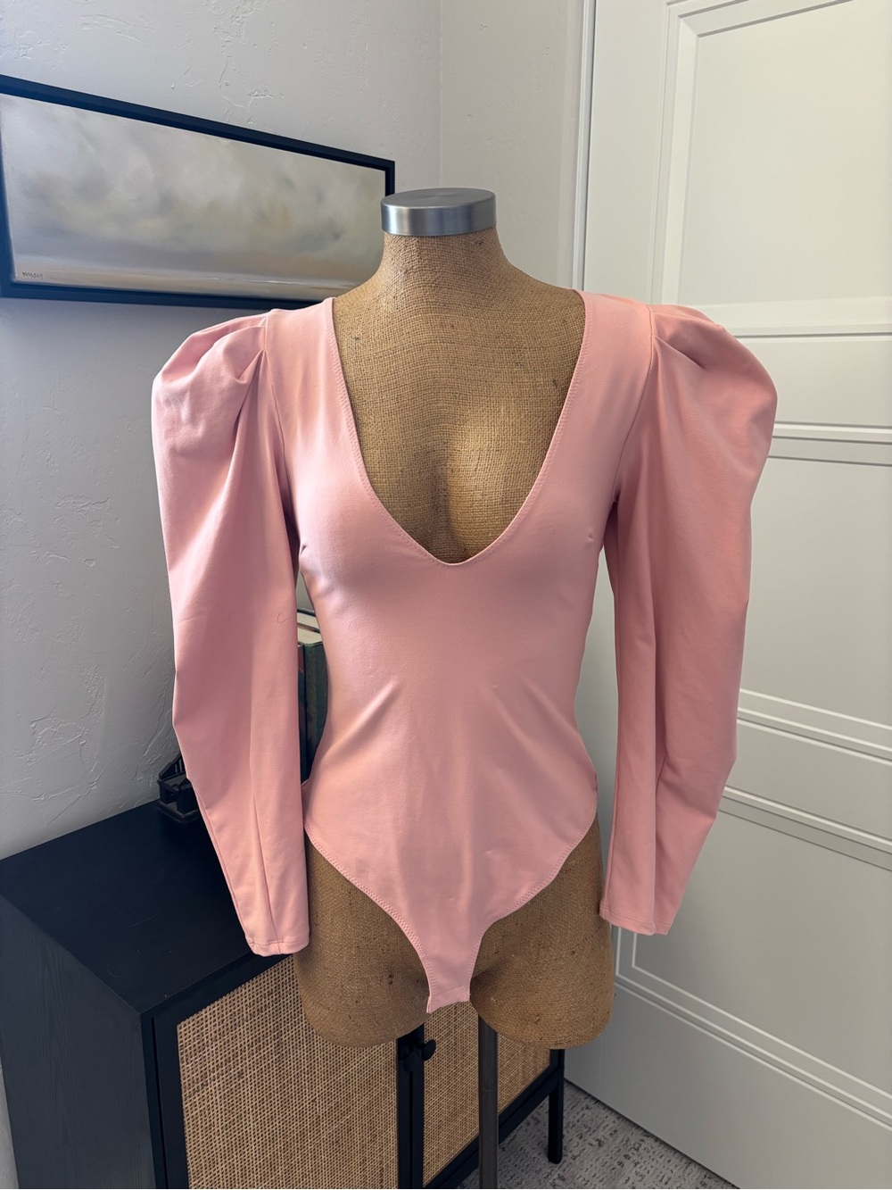 Free People Pink Puff-Sleeve V-Neck Bodysuit